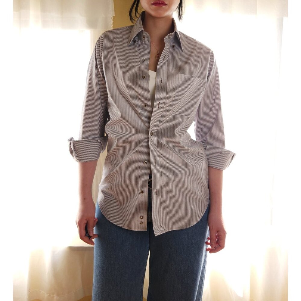Vintage tailored blue brown stripe classic button down shirt women M